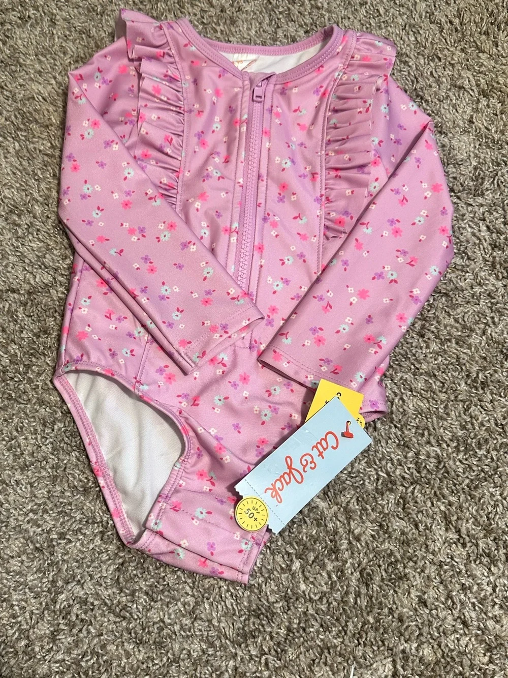 Cat & Jack Pink Floral Ruffle Long-Sleeve One-Piece Swimsuit